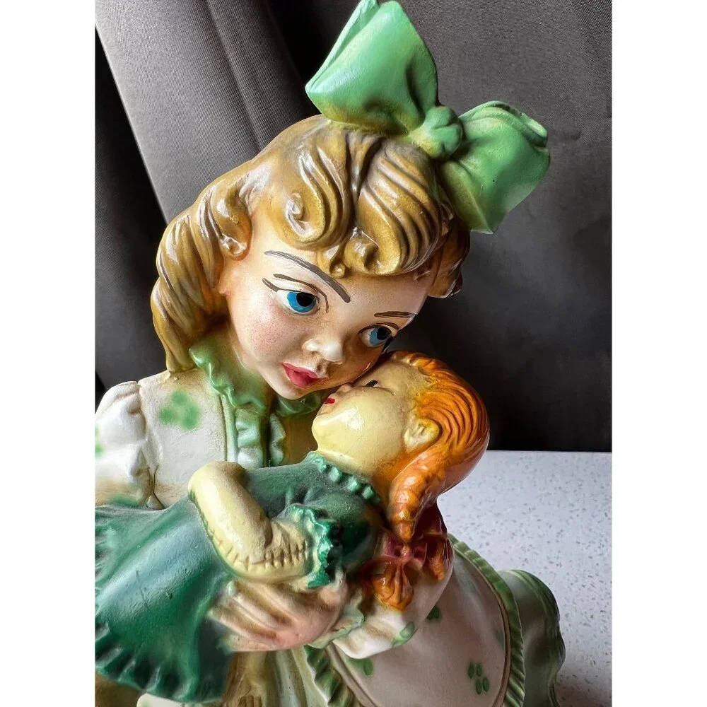 Signed Shull Ceramic Chalkware Girl with Doll 9” Figurine